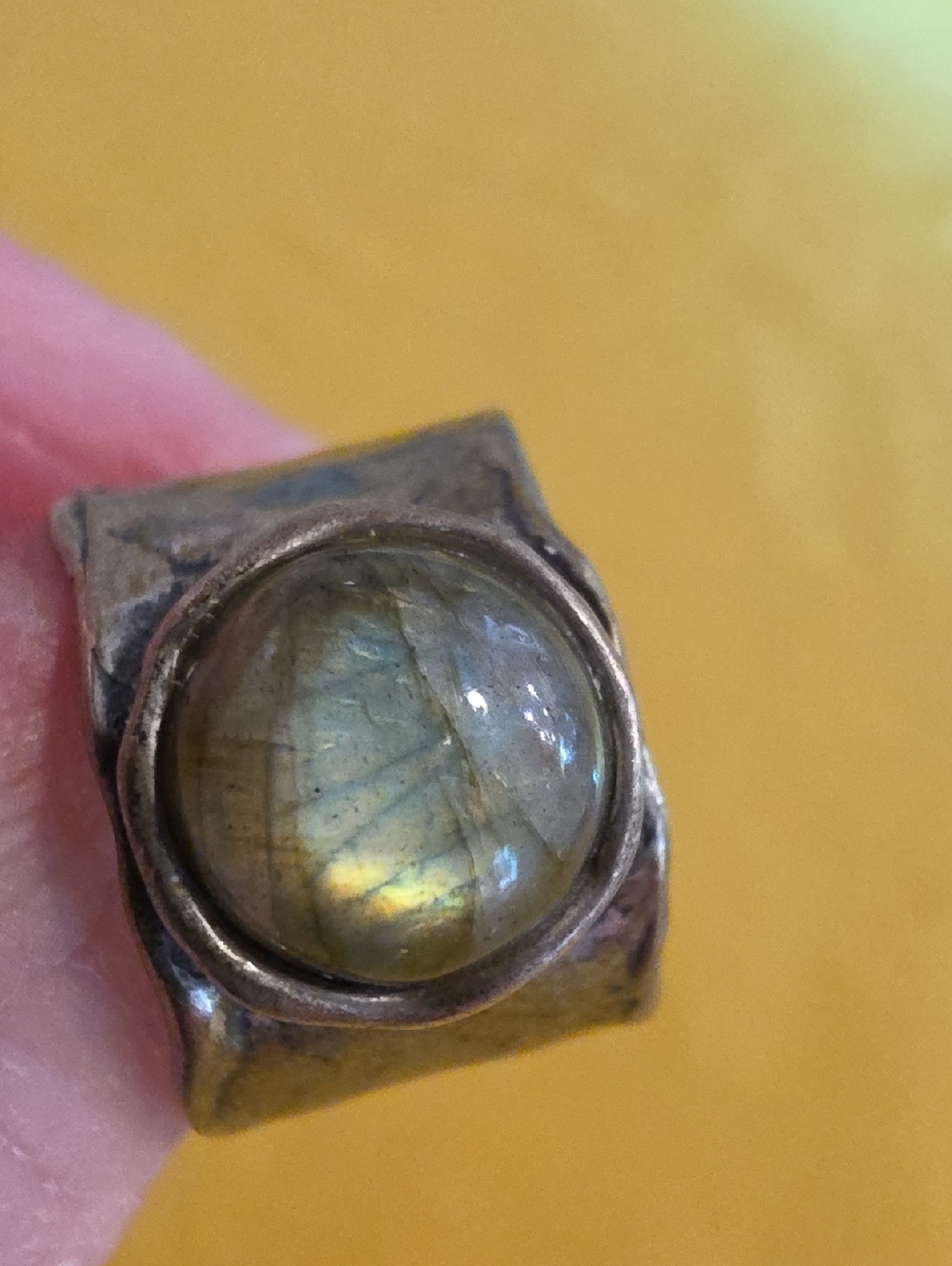 Brutalist style 925 Wide Band Ring With Round Bezel-Set Gemstone  AS: 6.75-7